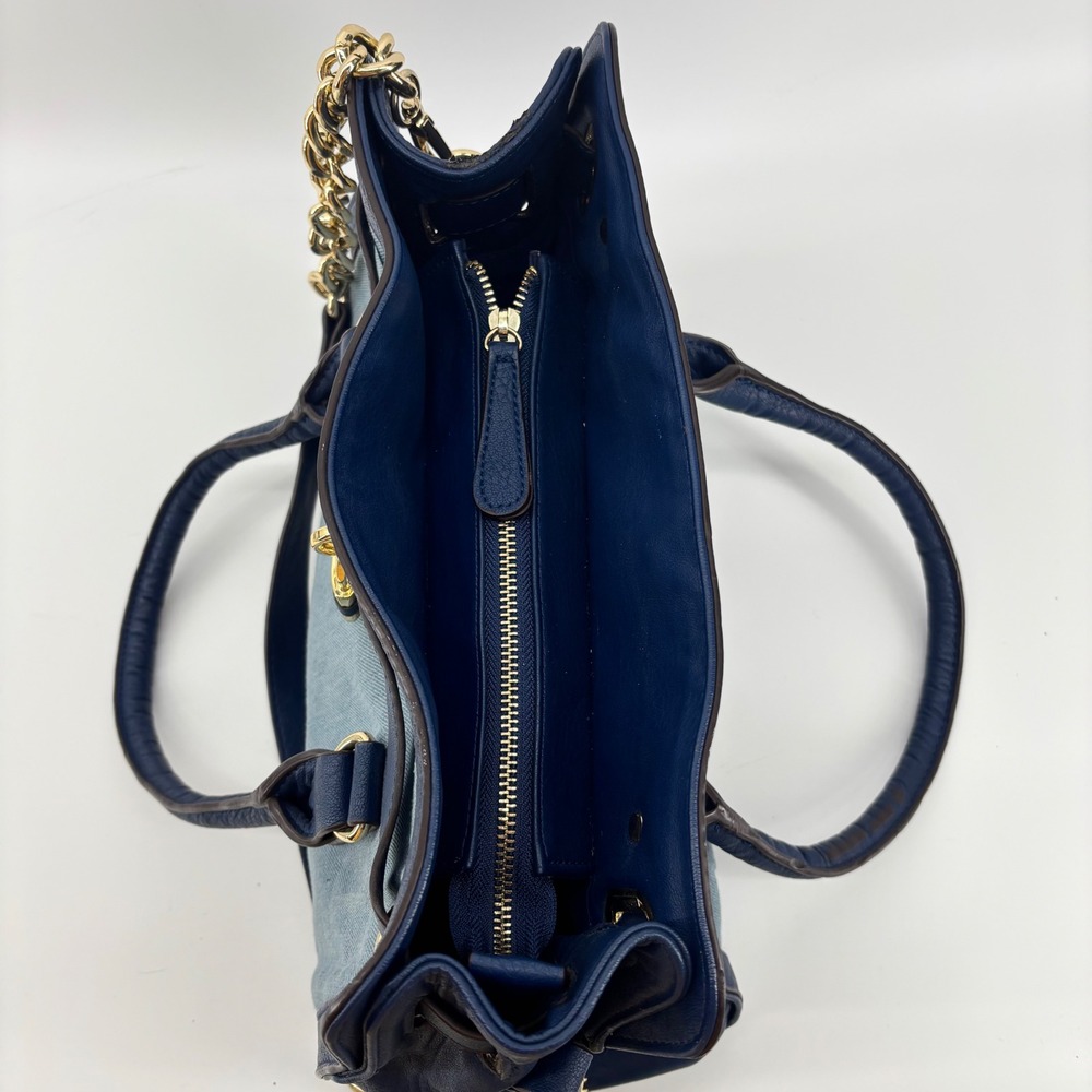 Charming Charlie Navy Blue Faux Leather and Denim Satchel Crossbody Bag Gold - Picture 7 of 12